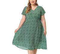 Agnes Orinda Women's Plus Size Summer Dress Ditsy Floral V Neck Smocked Waist Short Sleeve a Line Midi Dress Green 3XL