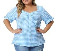 Agnes Orinda Women's Plus Size Summer Gingham Tops 1950s Sweetheart Neck Flounce Sleeve Blouse Top Blue XL