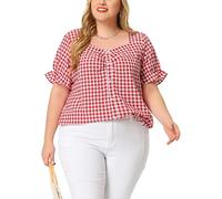 Agnes Orinda Women's Plus Size Summer Gingham Tops 1950s Sweetheart Neck Flounce Sleeve Blouse Top Red XXL