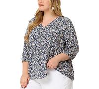 Agnes Orinda Women's Plus Size Tops V Neck Babydoll Flowy 3/4 Lantern Sleeve Floral Spring Summer Blouses, Navy Blue, 3X