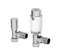 Agnite Thermostatic Radiator Valve Pack Angled White Chrome 15mm X 1/2" Trv Rad & Lockshield Valve