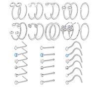 AGNURCADE 36pcs 20G Stainless Steel Nose Rings Hoop L Shape Nose Studs Screw Bone Hypoallergenic Nostril Surgical Noses Body Piercing Hoops Jewelry Sets for Men Women Birthday Party Gift