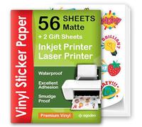 AgoDeo Premium Printable Vinyl Sticker Paper - 56 White Matte Sheets - A4 - Waterproof & Tear Resistant - Compatible with Inkjet, Laser & Cricut