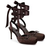 Agodor Satin Ballet Heels for Women, Lace Up Ballet Pumps with Bow,Square Toe High Slingback Heel Strappy Elegant Dress Stiletto Mary Jane Ballerina Shoes for Party and Wedding, Rhinestone Brown, 7 UK