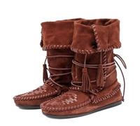 Agodor Suede Fold Over Boots for Women - Slouchy Boho Mid Calf Boots with Woven Fringe,Western Cowboy Ankle Boot Wide Calf,Comfortable Flat Lace Up Retro Tassels Booties for Women, Dark Brown, 8.5 UK