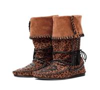 Agodor Suede Fold Over Boots for Women - Slouchy Boho Mid Calf Boots with Woven Fringe,Western Cowboy Ankle Boot Wide Calf,Comfortable Flat Lace Up Retro Tassels Booties for Women, Leopard, 8 UK