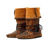 Agodor Suede Fold Over Boots for Women - Slouchy Boho Mid Calf Boots with Woven Fringe,Western Cowboy Ankle Boot Wide Calf,Comfortable Flat Lace Up Retro Tassels Booties for Women, Leopard, 4 UK