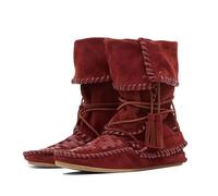 Agodor Suede Fold Over Boots for Women - Slouchy Boho Mid Calf Boots with Woven Fringe,Western Cowboy Ankle Boot Wide Calf,Comfortable Flat Lace Up Retro Tassels Booties for Women, Burgundy, 5 UK
