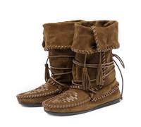 Agodor Suede Fold Over Boots for Women - Slouchy Boho Mid Calf Boots with Woven Fringe,Western Cowboy Ankle Boot Wide Calf,Comfortable Flat Lace Up Retro Tassels Booties for Women, Dark Brown, 6 UK