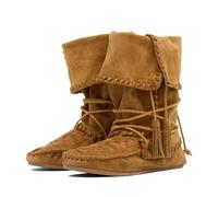 Agodor Suede Fold Over Boots for Women - Slouchy Boho Mid Calf Boots with Woven Fringe,Western Cowboy Ankle Boot Wide Calf,Comfortable Flat Lace Up Retro Tassels Booties for Women, Khaki, 8 UK