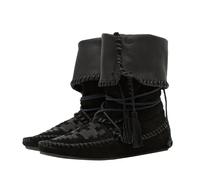 Agodor Suede Fold Over Boots for Women - Slouchy Boho Mid Calf Boots with Woven Fringe,Western Cowboy Ankle Boot Wide Calf,Comfortable Flat Lace Up Retro Tassels Booties for Women, Black, 5 UK