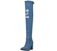 Agodor Women's Blue Denim Boots with Zipper Pointed Toe Chunky High Heel Boots, Long Dark Blue, 5 UK
