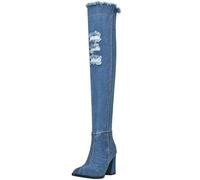 Agodor Women's Blue Denim Boots with Zipper Pointed Toe Chunky High Heel Boots, Long Dark Blue, 7 UK