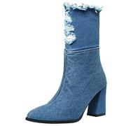 Agodor Women's Blue Denim Boots with Zipper Pointed Toe Chunky High Heel Boots, Short Dark Blue, 6 UK