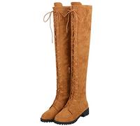 Agodor Women's Flat Lace up Over The Knee Boots Low Chunky Heel Riding Thigh High Boots (UK 10.5, brown)