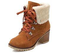 Agodor Womens Lace Up Block Heel Ankle Boots Faux Nubuck Leather with Faux Fur Warm Winter Shoes (UK6, Brown)