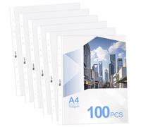 Agoer 100 Punched Pockets A4 Matt,160 Micron Heavy Duty Poly Pockets A4,Clear Plastic Wallets Top Opening,11 Hole Sheet Protectors for 2/3/4 Ring Binder Acid-Free for Filing Folders,Sleeves,Documents