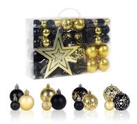 Agoer 101 Christmas Baubles Ornaments Black & Gold,3/4/6cm Mixed Christmas Balls Shatterproof +Bead Chains+Tree Topper,Exquisite Plastic Baubles for Xmas Holiday Wedding Party Home Festival Decor