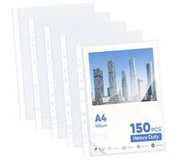 Agoer 150 Pcs Heavy Duty A4 Plastic Punched Pockets,160 Micron Clear Plastic Wallets,Extra Strong Poly Pocket,11 Holes for Ring Binder A4 Sleeves and Document Protection