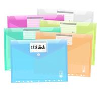 Agoer A4 Plastic Wallets,12 Pack Colorful Punched Pockets A4 with Popper,Transparent Plastic Folders Document Wallets,11 Hole Ring Binder Wallets with Label Pocket for Home,Office,School
