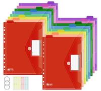 Agoer A4+ Plastic Wallets,16 Pack Widen Multicolor Punched Pockets with Hook & Loop Closure, 11-Hole Polly Pocket with Index Tabs and 3 Metal Ring,Side Opening Document Folder for School, Office, Home