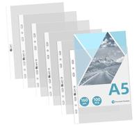 Agoer A5 Punched Pockets 100PCS, 160 Micron [Heavy Duty] A5 Plastic Wallets, 7 Hole Clear Plastic Sleeves Top Opening,Frosted Poly Pockets Document for 2/3 Ring Binders,School, Office, Home