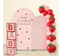 agogos 2 Pcs A Berry Sweet Baby is ON The Way Arch Backdrop Covers,Set of 2(6FT/5FT) Pink Ripple Strawberry Theme Arch Fabric Cover for Girls Birthday Baby Shower Party Decoration