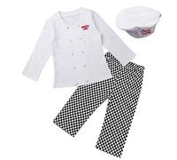 Agoky 3PCS Baby Boys Cook Chef Costume Long Sleeves Jacket with Plaid Pants Hat Outfit Set White 6-12 Months