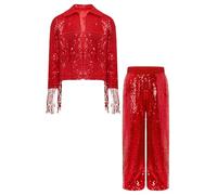 Agoky Girls Boys Lyrical Jazz Dance Glittery Sequins Outfits Long Sleeve Tassels Top with Pant for Stage Performance Red 15-16 Years