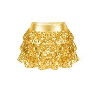Agoky Girls Latin Belly Dance Skirt Costume Shiny Glitter Sequins Tiered Ruffle Tutu Skirt Culottes for Stage Show Gold 11-12 Years