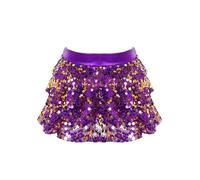 Agoky Girls Latin Belly Dance Skirt Costume Shiny Glitter Sequins Tiered Ruffle Tutu Skirt Culottes for Stage Show Purple 3-4 Years
