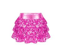Agoky Girls Latin Belly Dance Skirt Costume Shiny Glitter Sequins Tiered Ruffle Tutu Skirt Culottes for Stage Show Hot Pink 13-14 Years