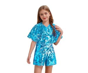 Agoky Girl's Sequin Romper Sparkly Short Jumpsuit Party Dance Outfits with Cap Sleeve Fancy Party Dress Light Blue 13-14 Years