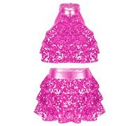 Agoky Kids Girls 2Pcs Sequins Dance Outfits Halter Neck Crop Top with Tiered Skirt Hip Hop Jazz Latin Dancewear Hot Pink 3-4 Years