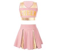 Agoky Kids Girls Cheerleading Uniform Costume Cheer Leader Cosplay Dance Outfits Sleeveless Tops with Pleated Skirt Light Pink C 11-12 Years