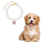 Agoky Luxury Pearl Dog Collar With Crystal Heart Adjustable Fancy Puppy Jewelry For Small Dogs Wedding Party Photoshoot Pink 20cm