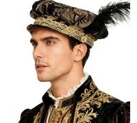 Agoky Medieval Tudor Flat Mob Cap With Feather Renaissance Fair Costume Accessories Black One Size