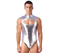 Agoky Men Wet Look Catsuit One-Piece Leotard Swimwear Shiny Patent Leather Thong Bodysuit Clubwear Silver C XL