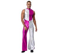 Agoky Mens 70s Disco Party Rave Outfits Metallic Shiny Jumpsuit Bell Bottom Bodysuit Hippie Costumes Hot Pink XL