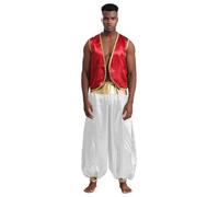 Agoky Men's Arabian Prince Costume Adult Stain Gold Trim Open Front Vest with Harem Pants 2Pcs Set Burgundy&White M