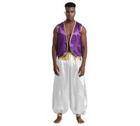 Agoky Men's Arabian Prince Costume Adult Stain Gold Trim Open Front Vest with Harem Pants 2Pcs Set Dark Purple&White 4XL