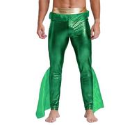 Agoky Men's King of The Sea Pants Trousers Holographic Mermaid Costume Fish Scales Print Leggings Green L