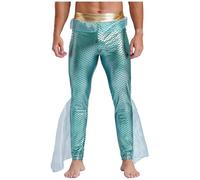 Agoky Men's King of The Sea Pants Trousers Holographic Mermaid Costume Fish Scales Print Leggings Mint Green M