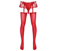 Agoky Mens Sissy Pouch Lingerie Sheer Lace Skirted Pantyhose Thigh High Stockings Crossdresser Gay Underwear Red B One Size