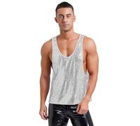 Agoky Men's Sparkly Disco Party Costume Sleeveless Low Crew Neck Tank Top Sexy Nightclub Rave Shirt Silver L