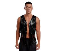 Agoky Men's Sparkly Sequins Tassel Vest Waistcoat 70s Disco Hippie Cardigan Fringe Rivets Cowboy Tops Black S