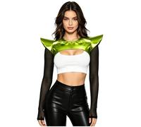 Agoky Women Metallic Shiny Long Sleeve Open Front Crop Top Shoulder Wrap Masquerade Party Props Shrug Fluorescent Green L