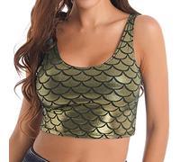 Agoky Women Shiny Half U Neck Sleeveless Vest Top Fish Scale Print Y2k Tops Sexy Clubwear Crop Tops Gold One Size