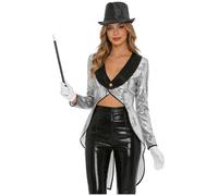 Agoky Women Trapeze Artist Circus Acrobat Costume Outfit | with Hat Magic Wand Gloves,Circus Ringmaster Costume,Carnival Themed Party Wear,Contrast Lapel Tailcoat,Cheerleading Outfits