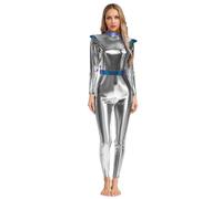 Agoky Womens Alien Costume High Waist Bodycon Jumpsuit Shiny Metallic Outer Space Robot Outfits Silver XXL